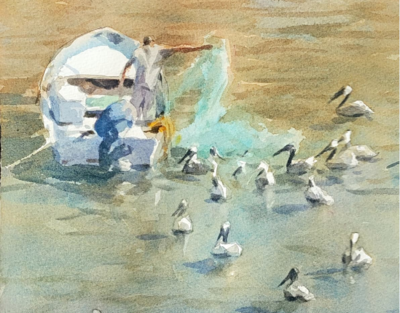 Figures in landscape watercolor by Andy Evansen